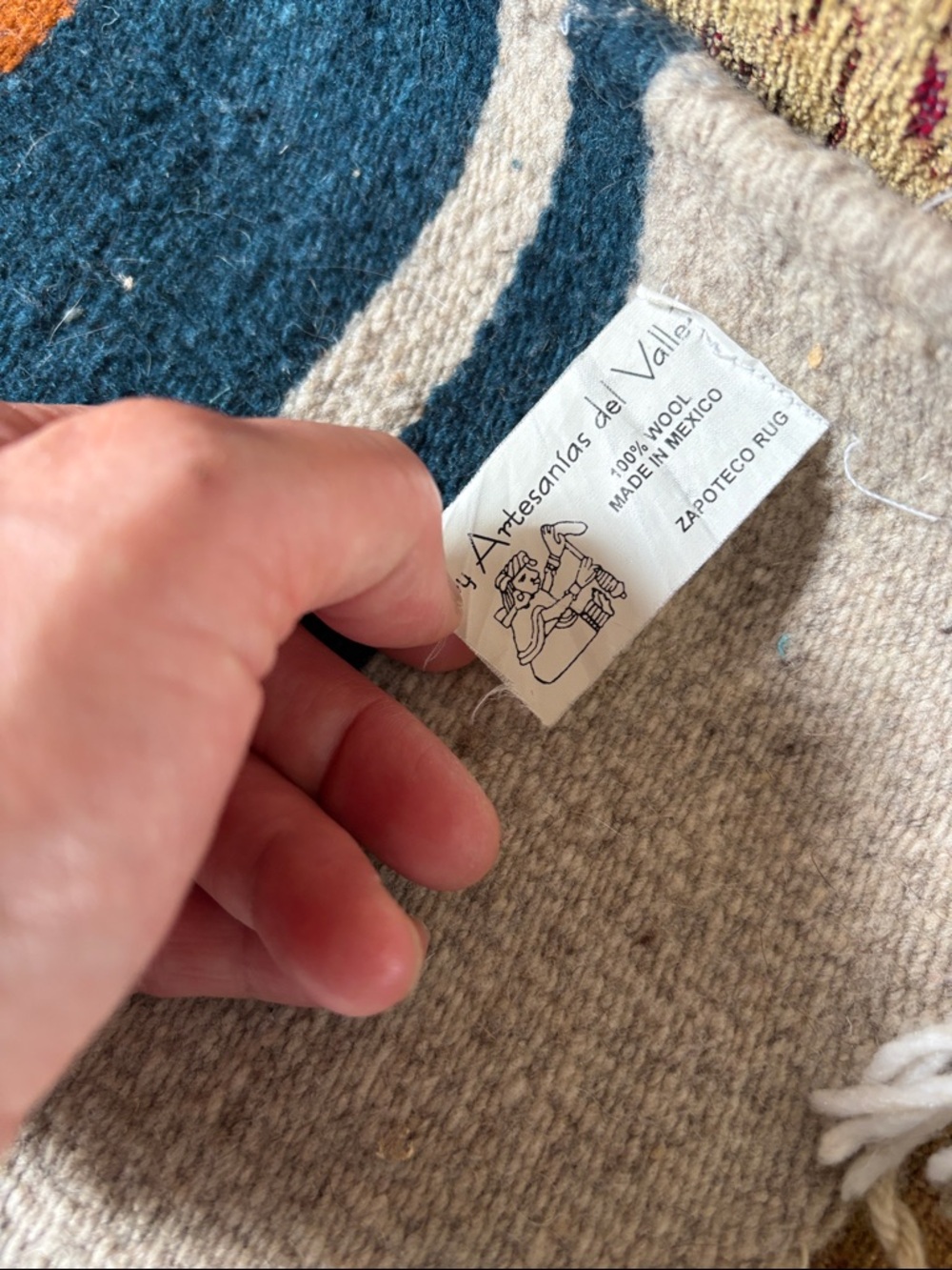 Artesanías del Valle Wool Zapotec Rug - Teal, Cream, Tan